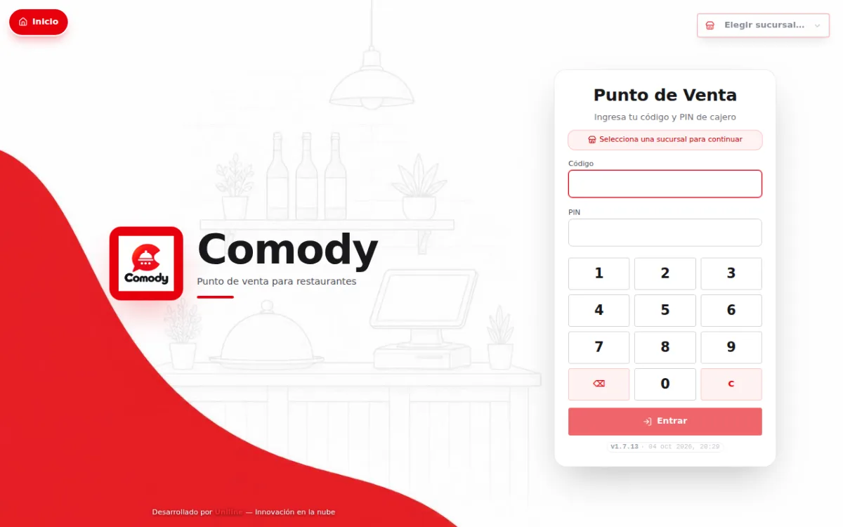 Pantalla Punto de Venta para entrar con código y PIN de cajero