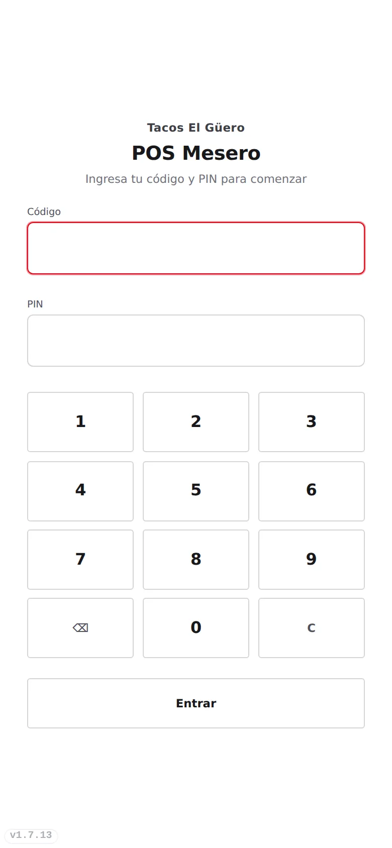 Pantalla POS Mesero para entrar con código y PIN