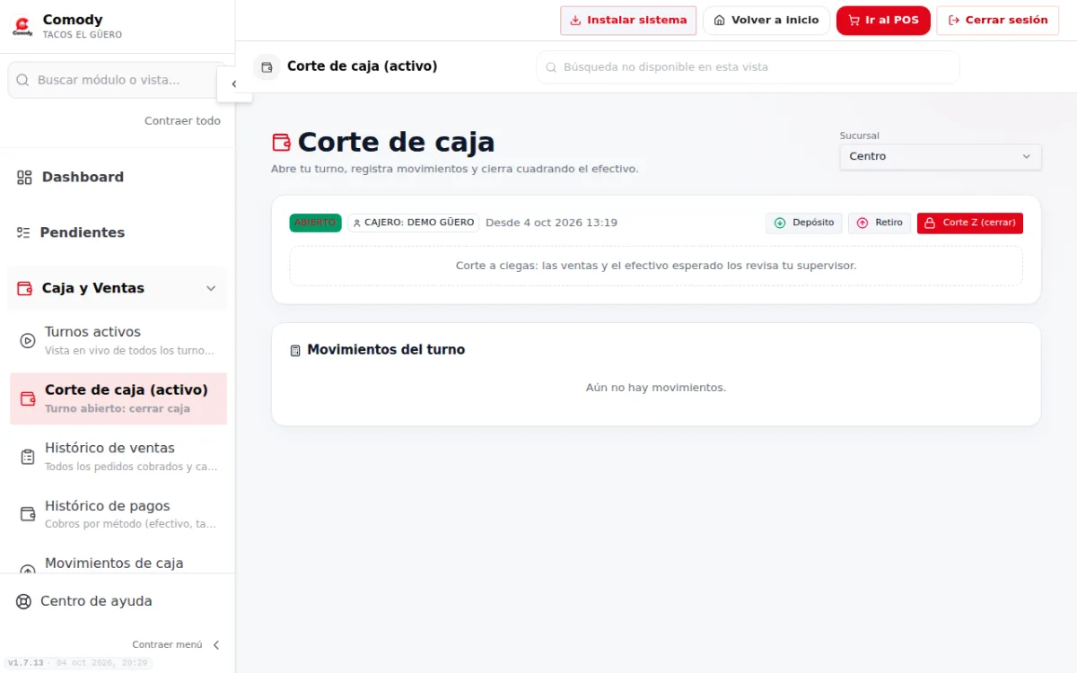 Página Corte de caja con el turno abierto y los botones Depósito, Retiro y Corte Z