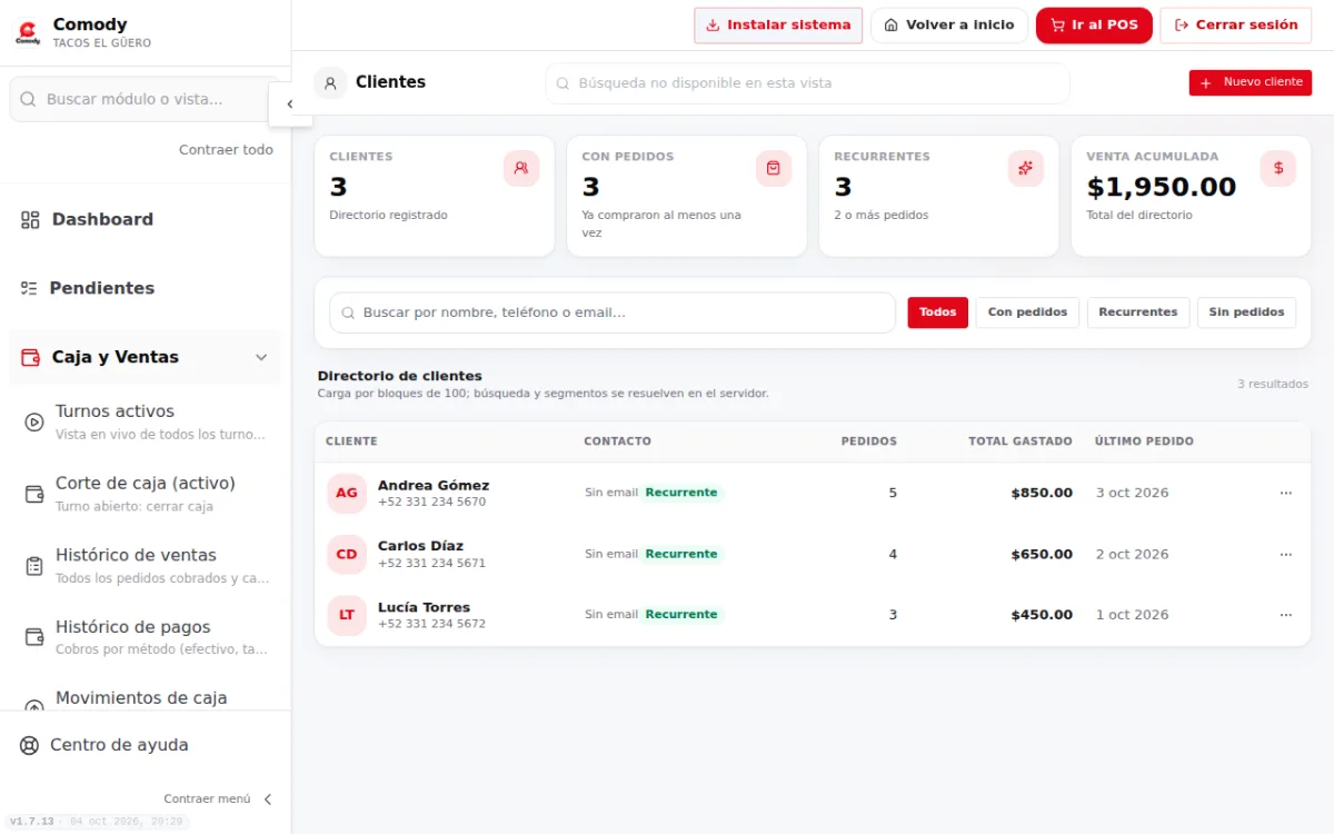 Página Clientes con la lista y los filtros