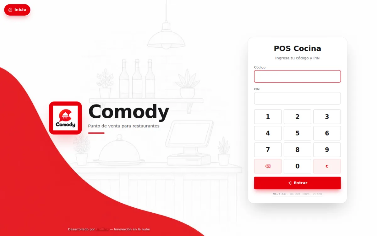 Pantalla POS Cocina para entrar con código y PIN