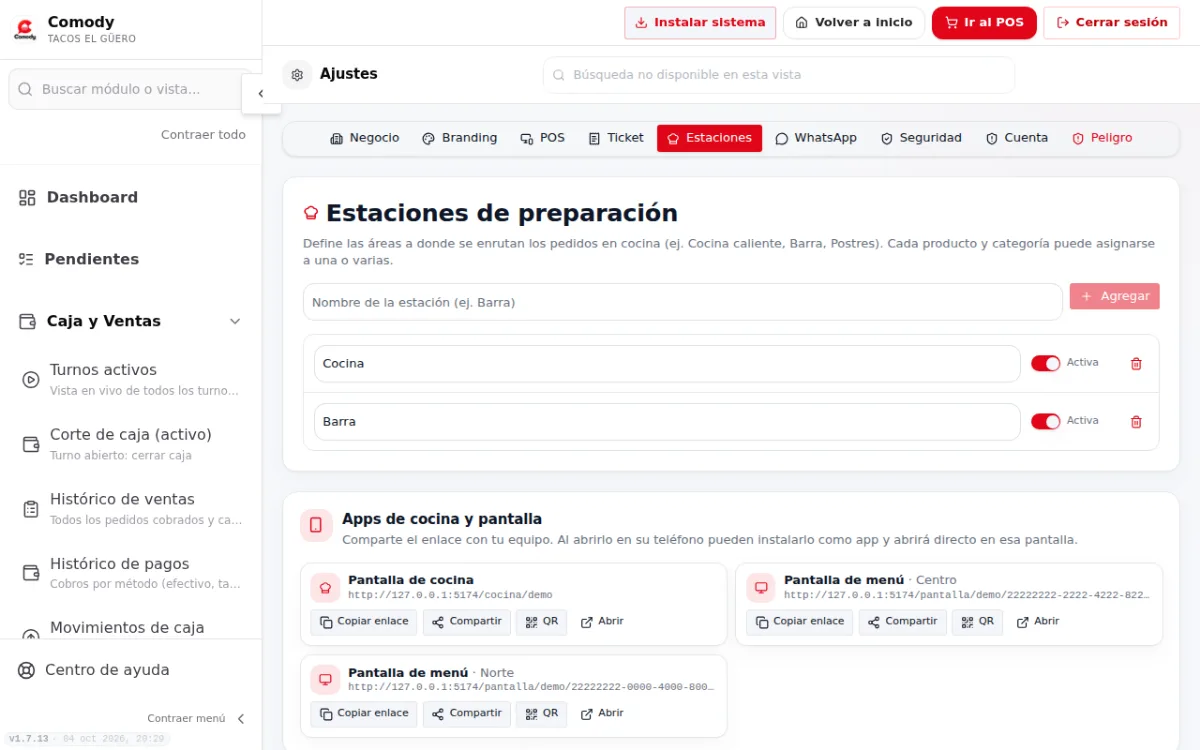 Pestaña Estaciones con Cocina y Barra