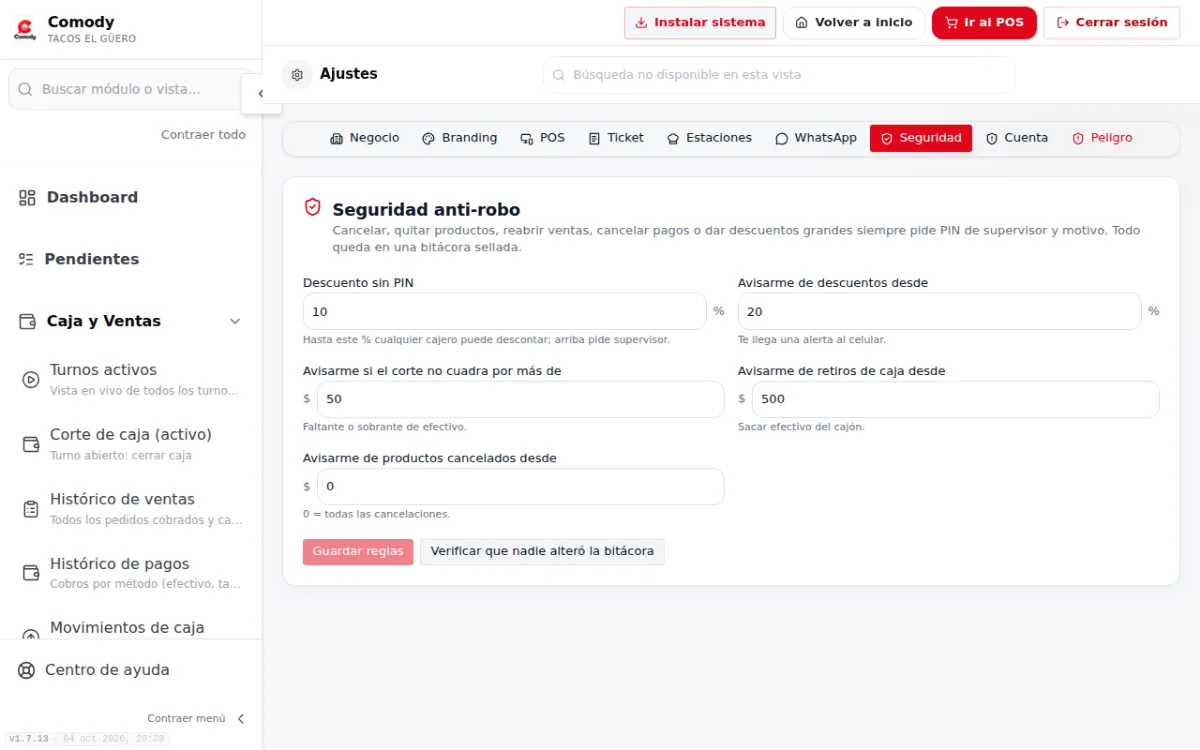 Pestaña Seguridad de Ajustes