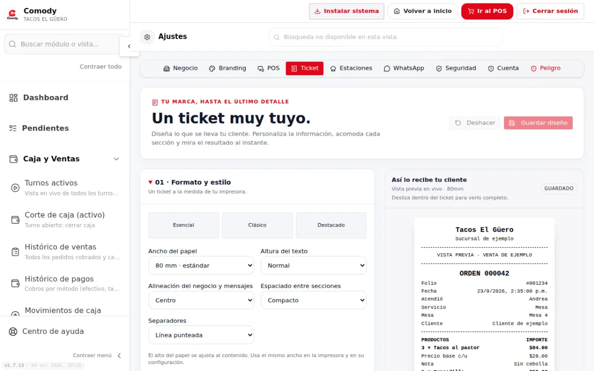 Pestaña Ticket de Ajustes con la vista previa