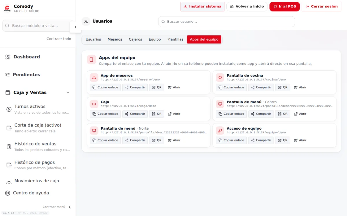 Pestaña Apps del equipo con Copiar enlace, Compartir, QR y Abrir