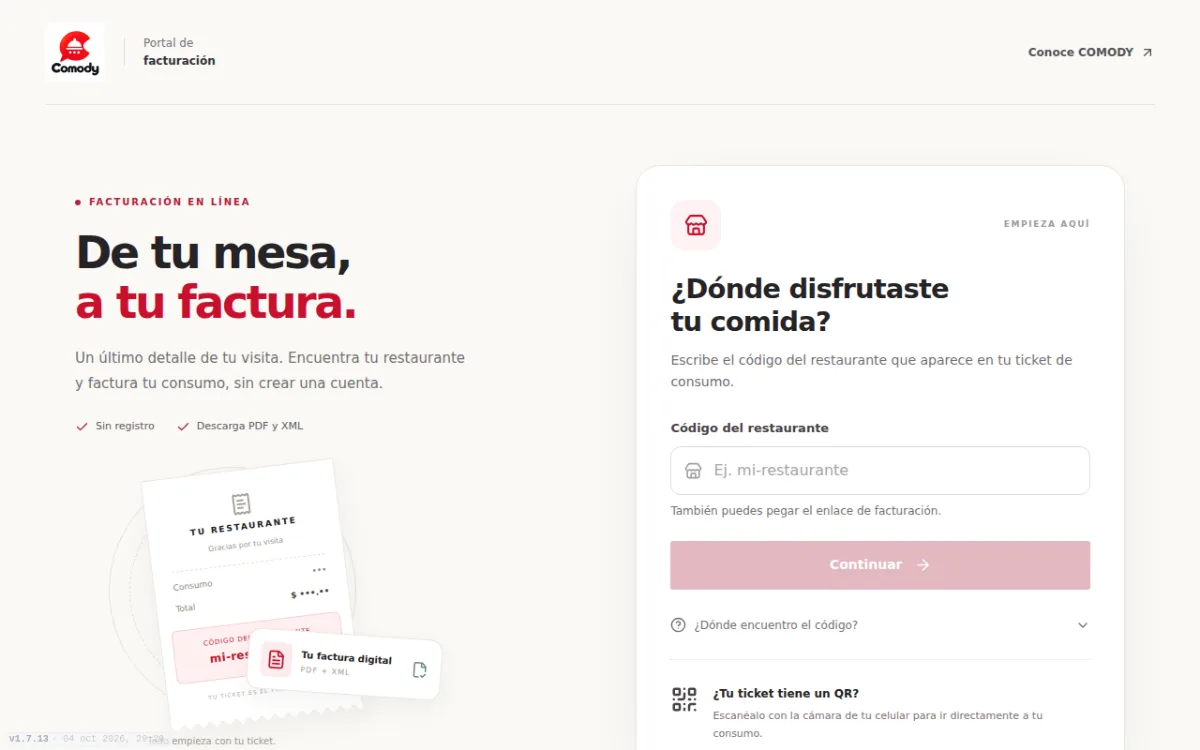Portal de facturación: escribe el código del restaurante
