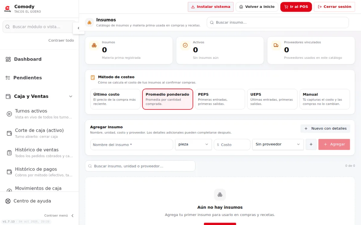Página Insumos con Agregar insumo y Método de costeo