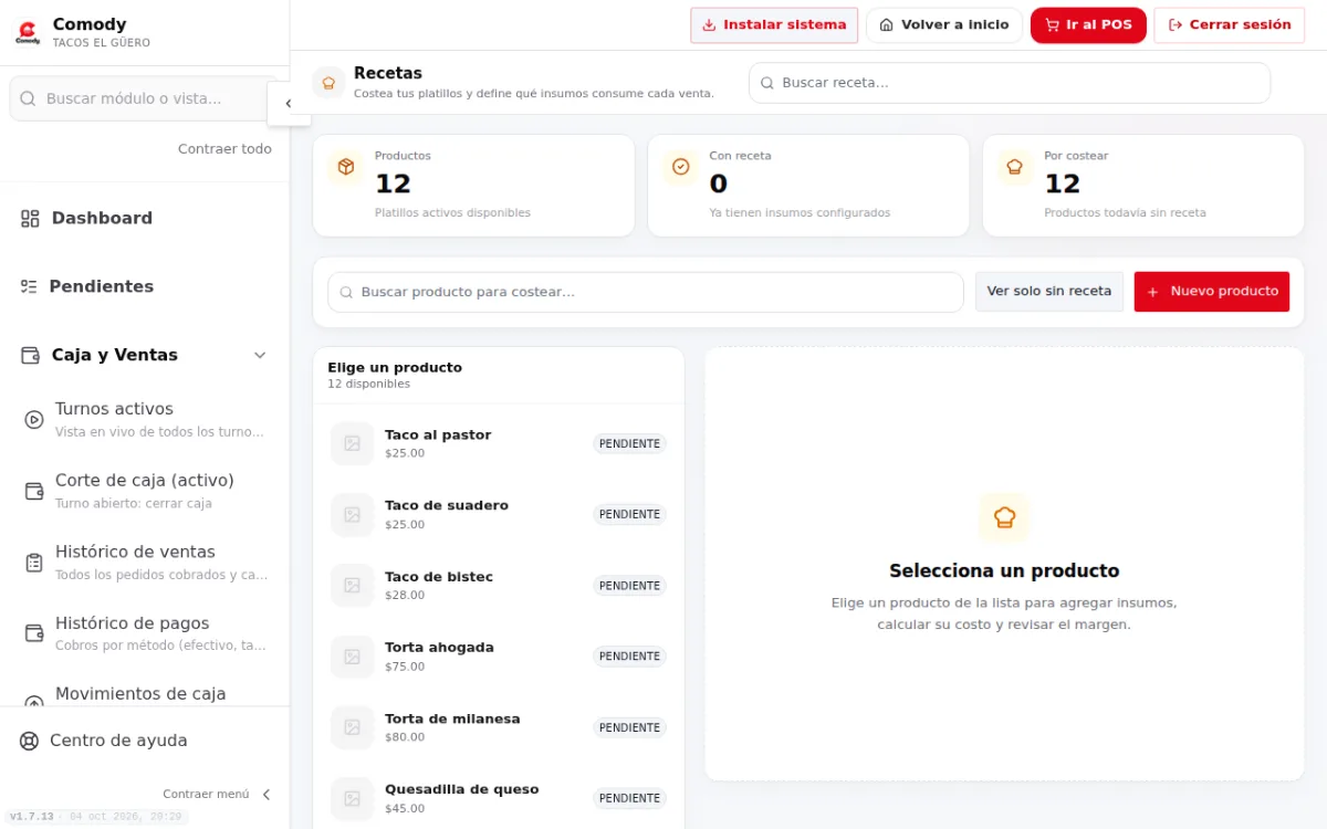 Página Recetas con la lista de productos por costear