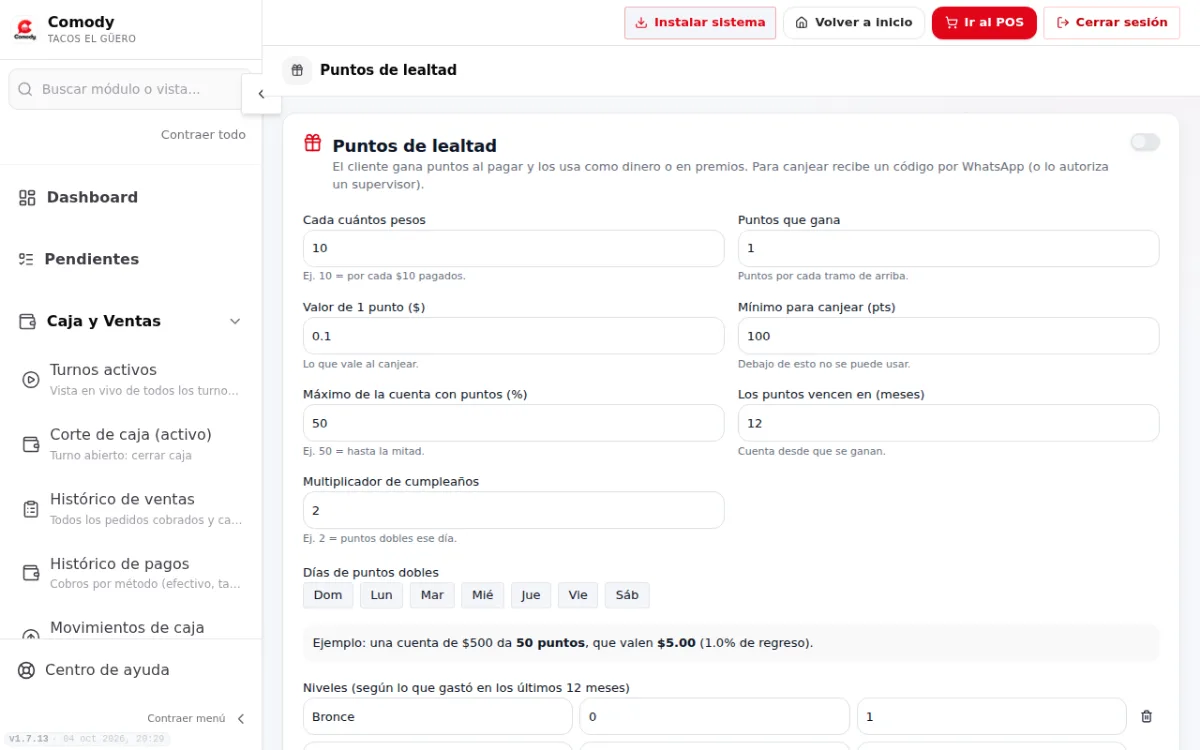 Configuración del programa de puntos