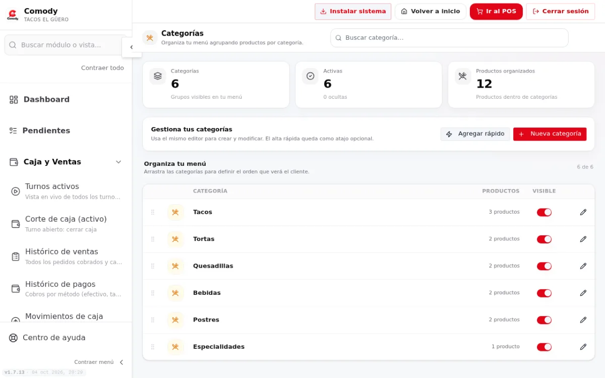 Página Categorías con la lista de categorías