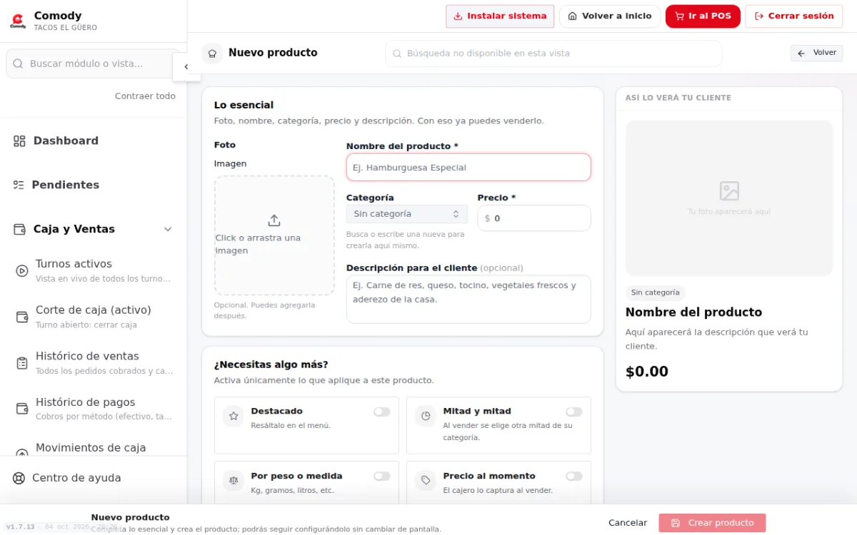 Formulario de nuevo producto, sección Lo esencial