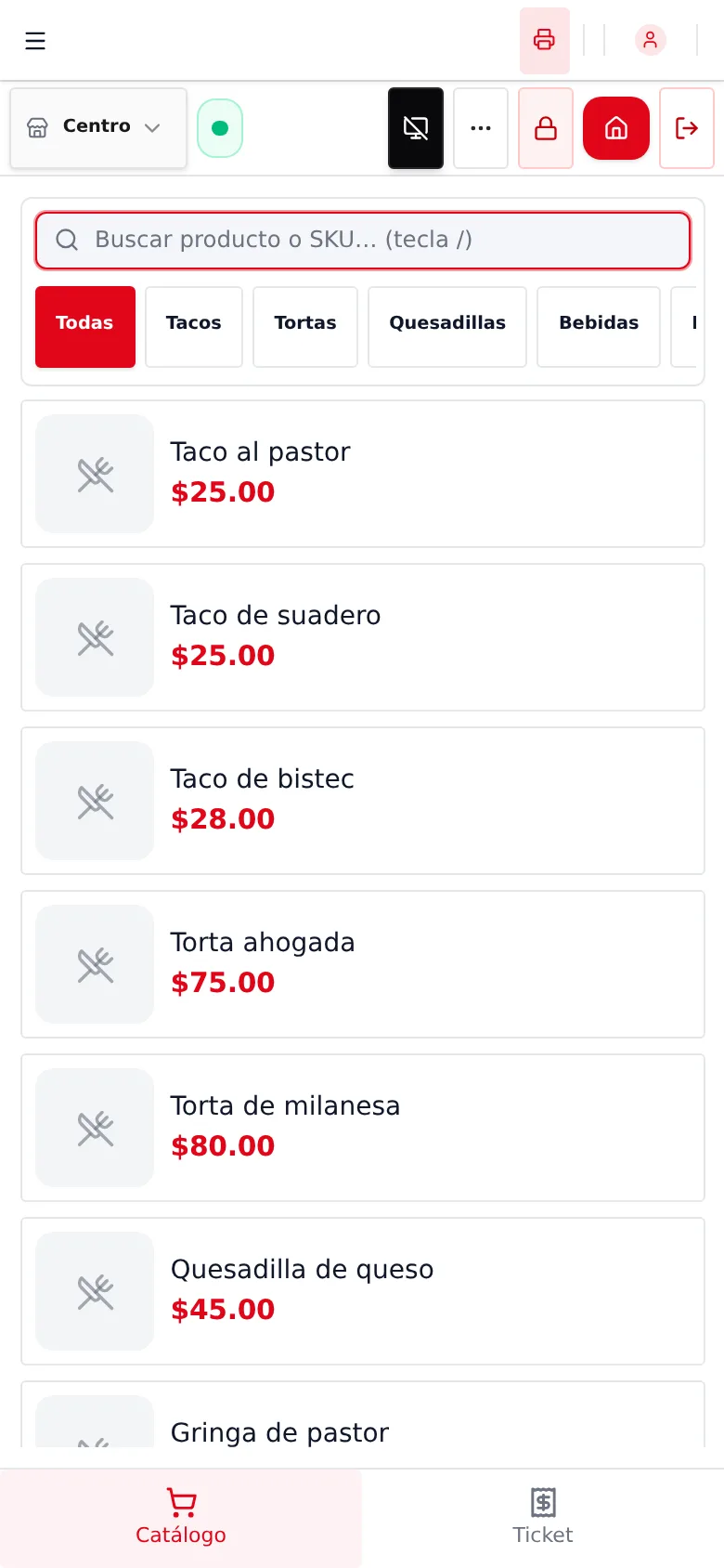 POS en el celular con las pestañas Catálogo y Ticket