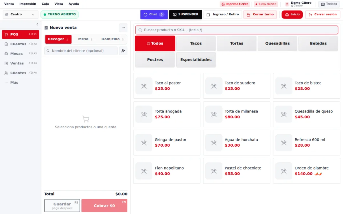 Punto de venta con categorías, catálogo y ticket