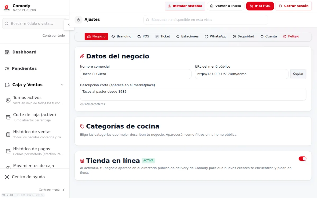 Pestaña Negocio de Ajustes con los datos del negocio