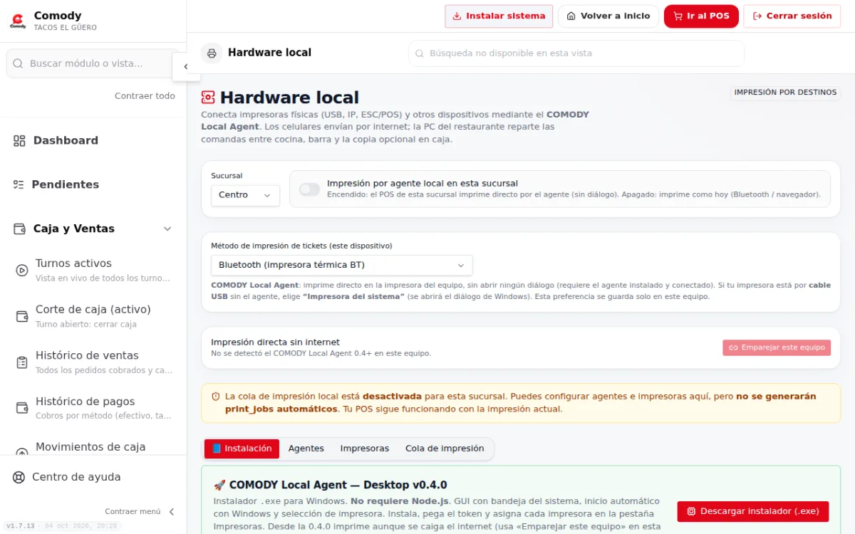 Página Hardware local con el método de impresión