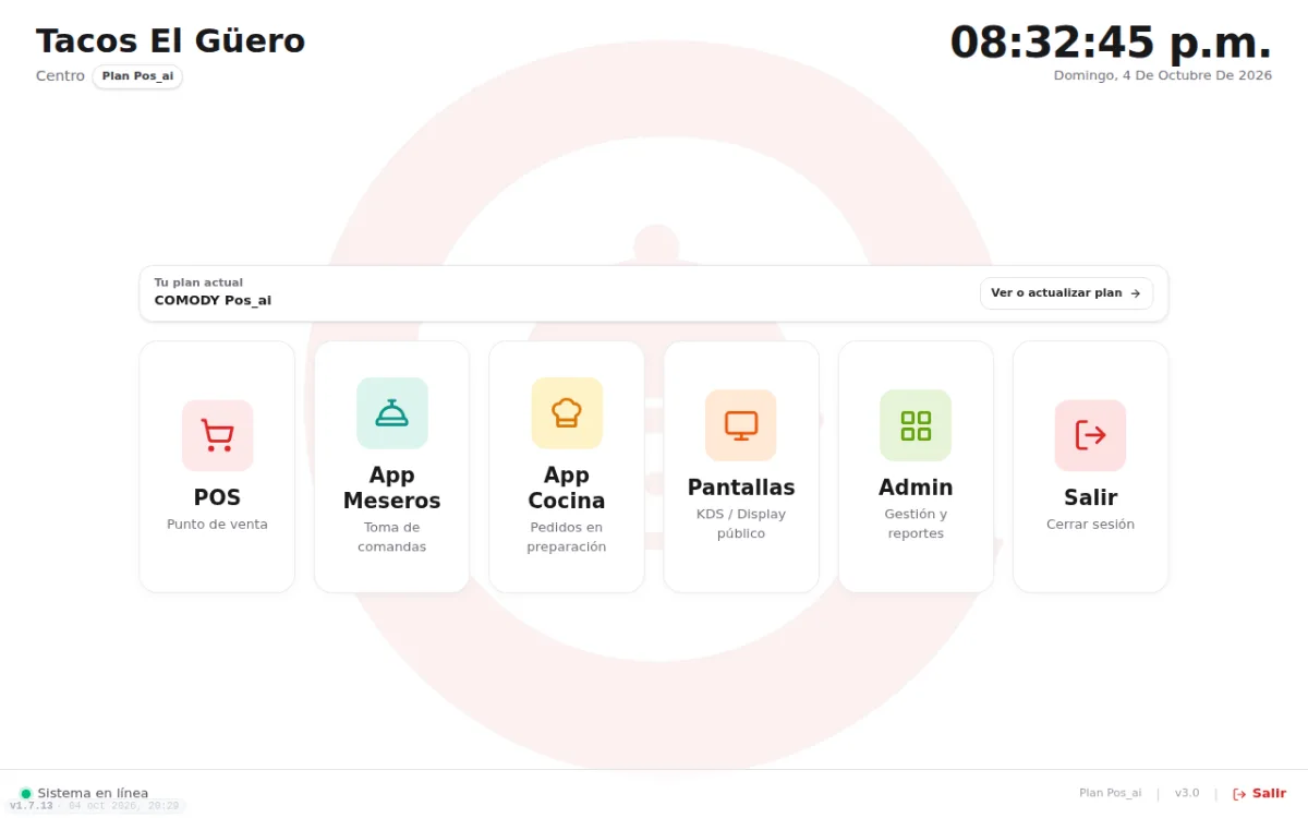 Pantalla Inicio con los mosaicos POS, App Meseros, App Cocina, Pantallas, Admin y Salir