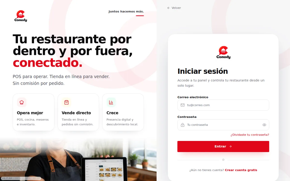 Pantalla de inicio de sesión de Comody