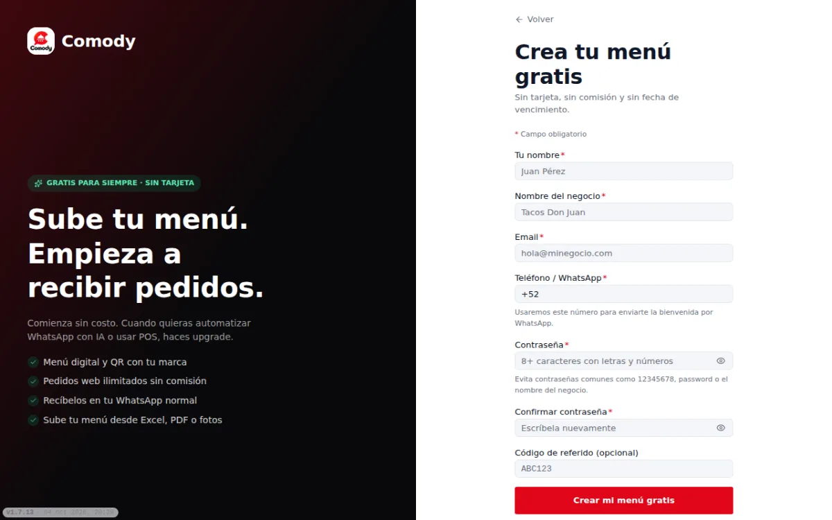Formulario para crear tu menú gratis