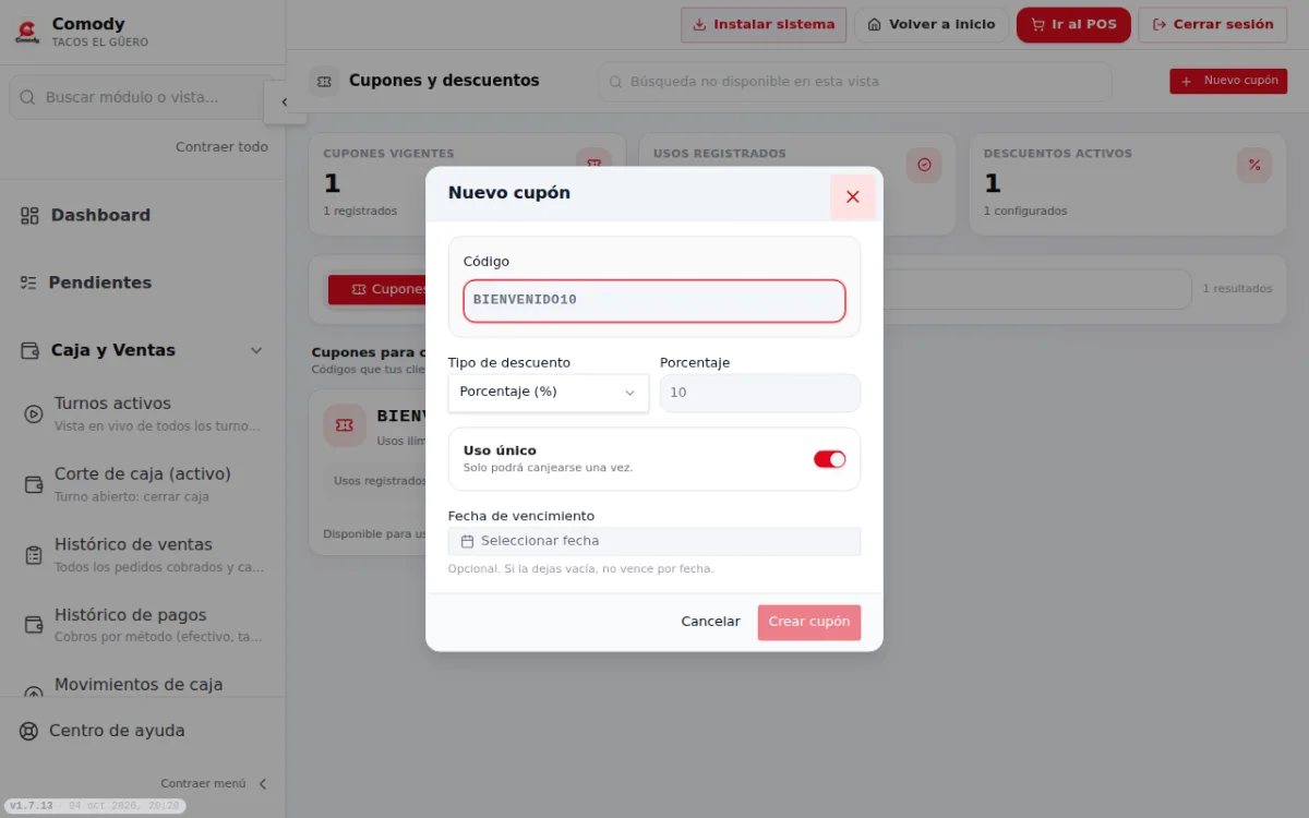 Ventana para crear un cupón