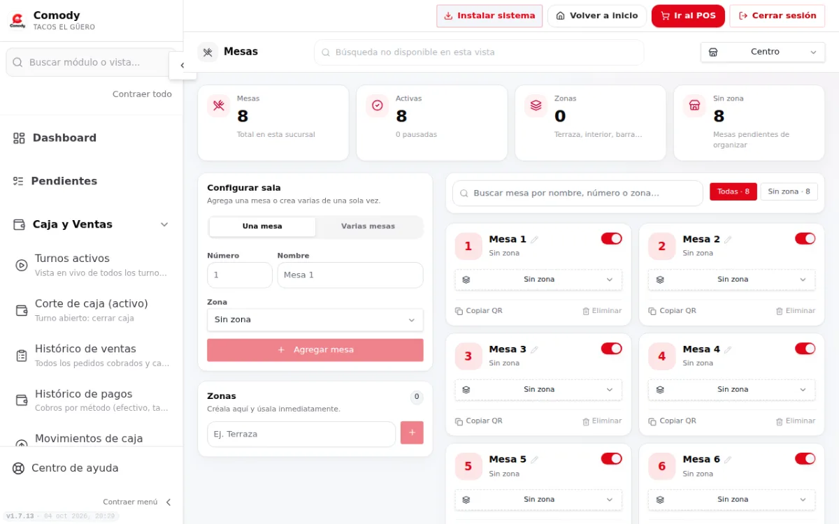 Página Mesas con Configurar sala, Zonas y la lista de mesas