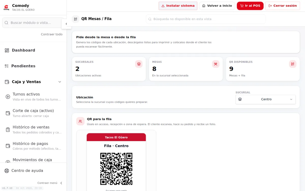 Página QR Mesas / Fila