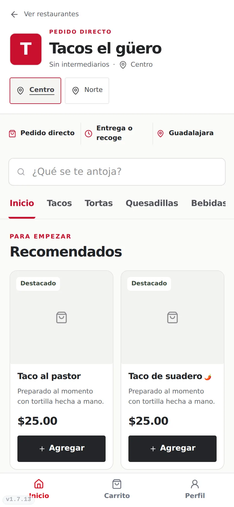Menú en línea visto desde un celular